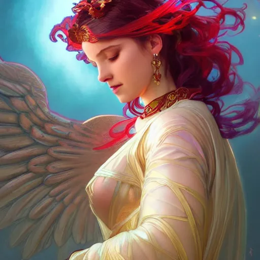 Image similar to a beautiful orchid phoenix angel woman, in an ornamented dress with large wings, volumetric light, god rays, 8 k high resolution, rubies, by greg rutkowski, artgerm, alphonse mucha