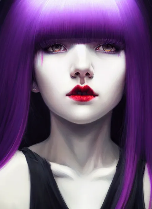 Image similar to hair blackbangs hair, white hair, blackbangs, portrait of teenage girl with white hair, red irises, purple clothes, black bangs, bangs are different color from hair, intricate, elegant, glowing lights, highly detailed, digital painting, artstation, concept art, smooth, sharp focus, illustration, art by wlop, mars ravelo and greg rutkowski