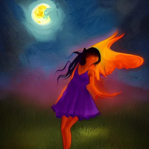 Image similar to a girl is dancing in the moonlight, accidentally summoning a demon, digital art