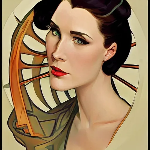 Image similar to a streamline moderne painting in the style of mort kunstler, and in the style of charlie bowater, and in the style of alphonse mucha. symmetry, smooth, sharp focus, semi - realism, intricate detail.