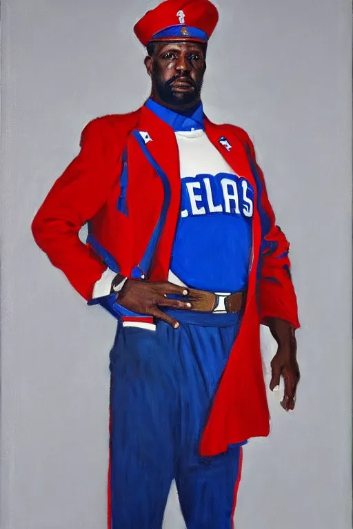 Image similar to full body portrait of the dictator of the philadelphia 7 6 ers, 1 9 5 5, in full military garb, oil on canvas by william sidney mount, trending on artstation