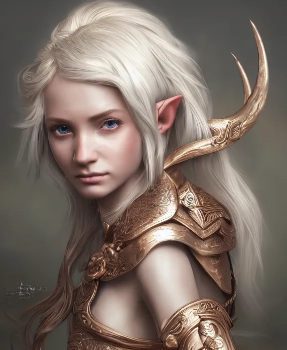 Prompt: a beautiful and highly detailed digital portrait of a dignified elf with long blue windswept hair in a rose gold breastplate by artgerm, jia ruan, and lu ji, centered, artsation contest winner, cgsociety, fantasy art, cryengine, concept art, photorealism, daz 3 d, sketchfab, zbrush, vray