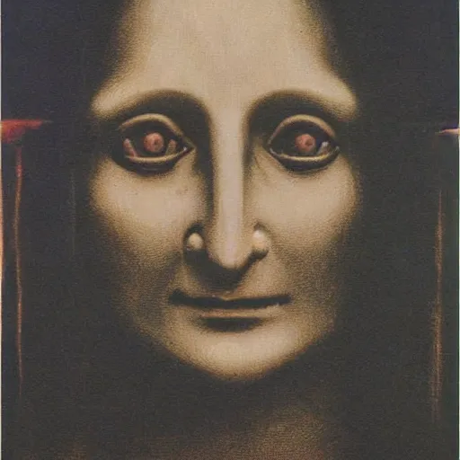 Image similar to beksinski, zdzisław - mona lisa in the style of giger, h. r. by zdzislaw beksinski and h. r. giger