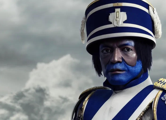Prompt: menacing general wearing a white imperial general uniform, his skin is blue, ultra realistic, 4 k, movie still, uhd, sharp, detailed, cinematic, render, modern