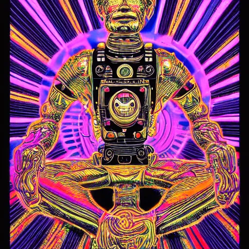 Prompt: a black tshirt with a hyperdetailed portrait of a meditating steampunk robot by robert crumb, 8 k, symetrical, flourescent colors, happy trippy mood, multicolored,