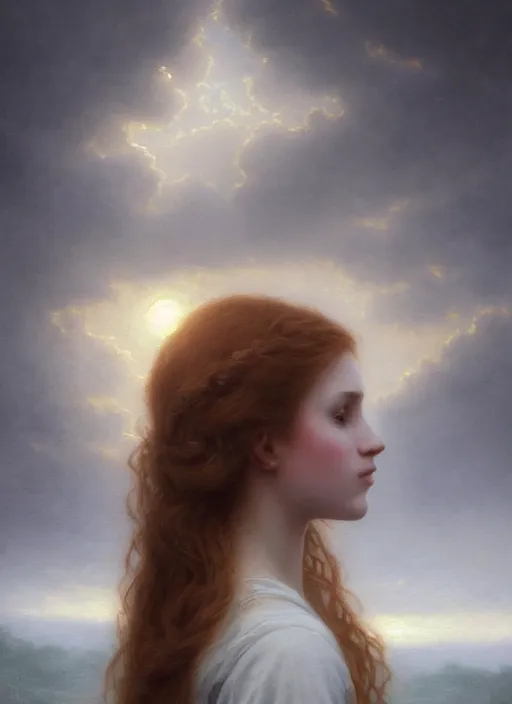 Prompt: oil painting close up portrait of a contemplative young irish woman with long redhead flowing hair in a dress made of white roses!! at sunset, hazy, digital art, chiaroscuro, artstation, cinematic, golden hour, digital art painting by greg rutkowski, william - adolphe bouguereau, foggy atmosphere, cinematic lighting