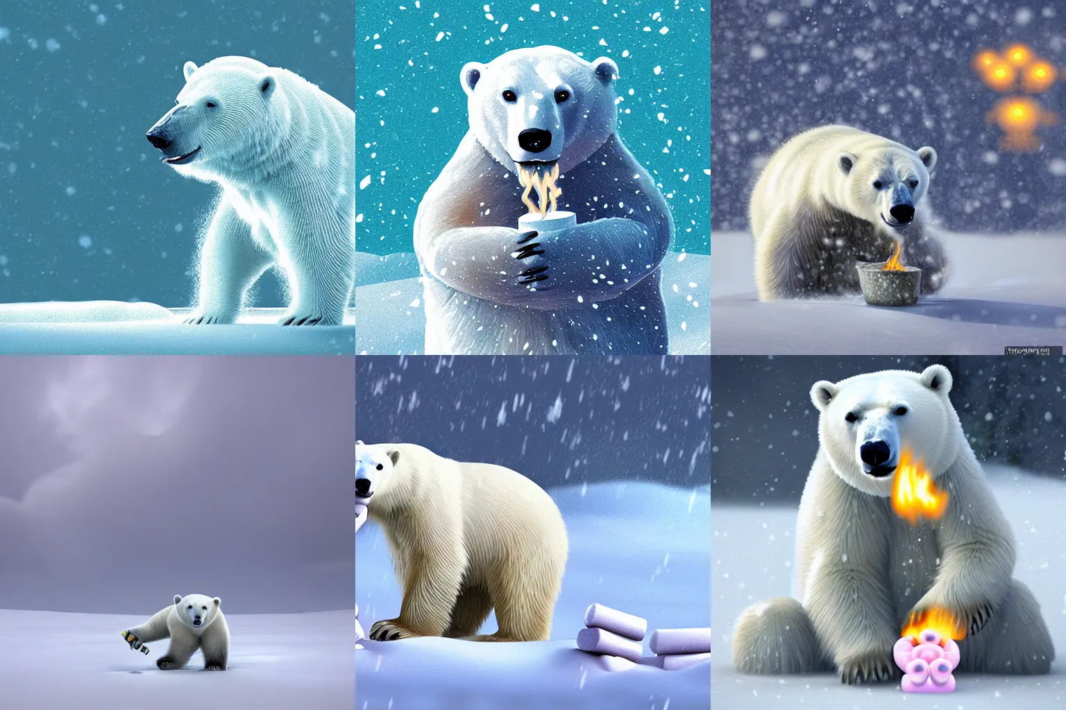 Prompt: A polar bear eating marshmallows in a snow storm. Digital art, 4k, trending on ArtStation.