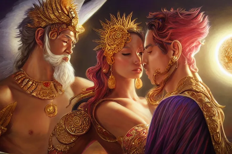 Image similar to close up moment of a divine a sun god and a moon goddess lovers magician at a wedding banquet, highly detailed, d & d, fantasy, highly detailed, digital painting, trending on artstation, concept art, sharp focus, asian feature, illustration, art by artgerm and daniel gerhartz and magali villeneuve