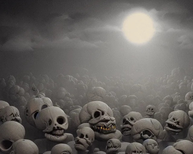 Image similar to ! dream city sized clay sculpture in a huge room. billowing clouds. brightest sun barely visible through the light fog. skeletons grinning. cosmic horror. halloween aesthetics, like an old monster movie. zombies are comming