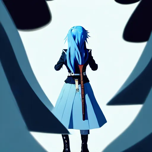 Image similar to low - angle shot from behind of a long light blue - haired girl in a tailcoat with a scabbard, combat boots, noir, screenshot, sharp focus, intricate, illustration, cell shaded, digital painting, highly detailed, straight hair, art by ilya kuvshinov, wlop, greg rutkowski, studio quality, james jean