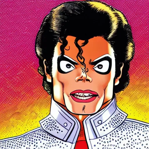 Prompt: dynamic macro head portrait of beautiful michael jackson super hero in white sequined jacket by john romita sr and cory walker and ryan ottley and jack kirby and barry windsor - smith, comic, illustration, photo real