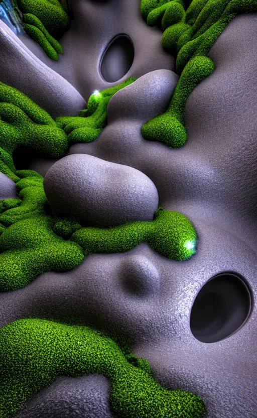 Prompt: highly detailed ultra sharp 3 d render cinematic composition of a smooth ceramic porcelain biomorphic magnolia stone nebula fluid fractal sci - fi surreal architecture landscape, granite, metallic, magnesium, marble, moss and lichen, vincent callebaut composition, mamou - mani, archviz, beautiful lighting, 8 k, unreal engine, hdr,