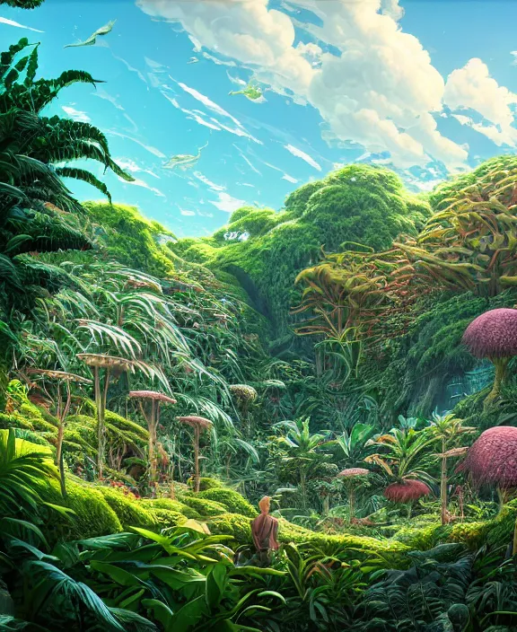 Prompt: an enormous conservatory made from exotic fungus, overgrown with huge weird ferns, on an ocean cliff side, noon, sun drenched, partly cloudy, by dan mumford, yusuke murata, makoto shinkai, ross tran, cinematic, unreal engine, cel shaded, featured on artstation, pixiv