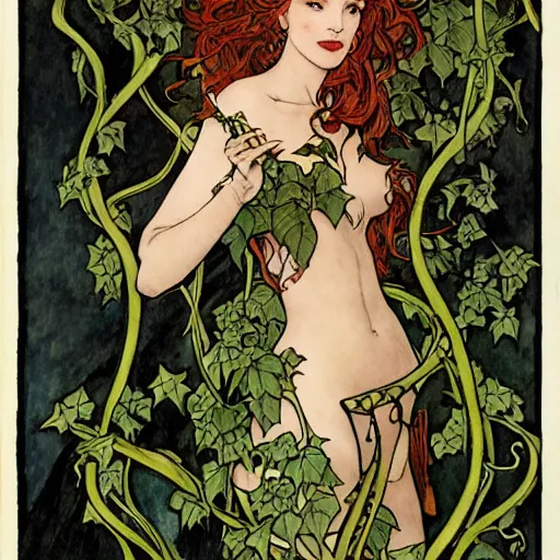 Image similar to a beautiful tarot card of poison ivy playing a piano with vines and singing in a jazz club, female, in the style of magic the gathering, intricate, elegant, highly detailed, digital painting, artstation, concept art, matte, sharp focus, illustration, art byby rebecca guay and by arthur rackham and by alphonse mucha and by john william waterhouse