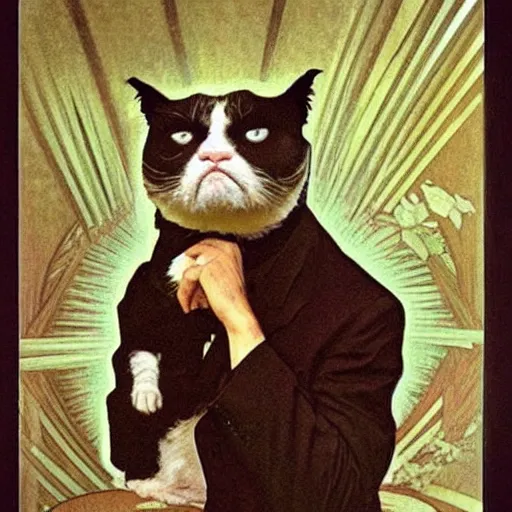 Image similar to “ george costanza holding grumpy cat, sitting on velvet couch, very detailed, by alphonse mucha ”