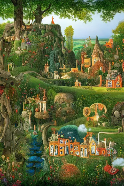 Image similar to a magical realism landscape in wonderland with house and trees by jacek yerka and salvador dali, detailed matte painting, 8 k resolution