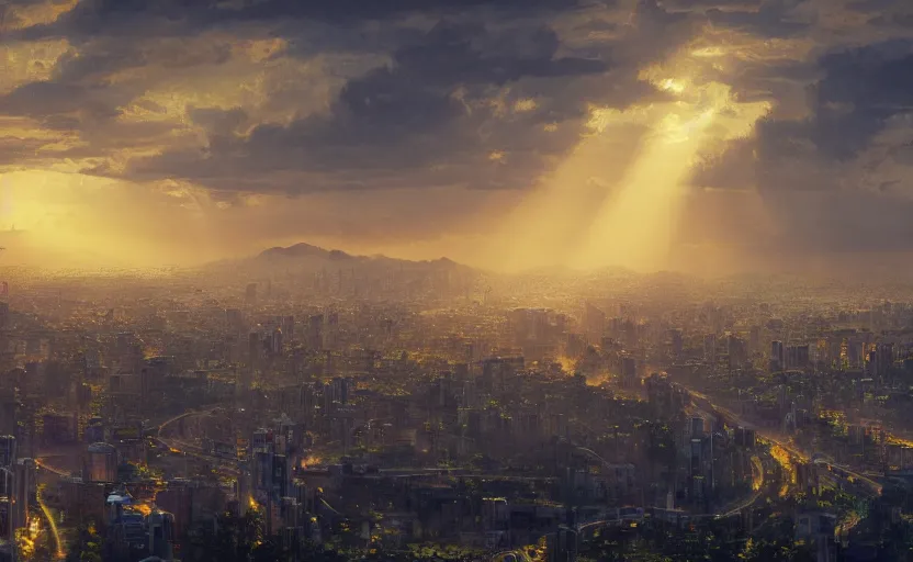 Prompt: beautiful landscape painting of peak hour traffic, edsa, manila, sunrise, god's rays highly detailed, vivid color, cinematic lighting, perfect composition, 8 k, gustave dore, derek zabrocki, greg rutkowski, belsinski, octane render