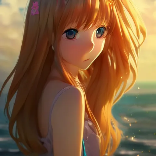 Prompt: a very beautiful anime girl, full body, long golden hair, sky blue eyes, full round face,cute face, short smile, mini jeans skirt, cute top, beach setting, cinematic lighting, medium shot, mid-shot, highly detailed, trending on Artstation, Unreal Engine 4k, cinematic wallpaper by Stanley Artgerm Lau, WLOP, Rossdraws, James Jean, Andrei Riabovitchev, Marc Simonetti, and Sakimichan