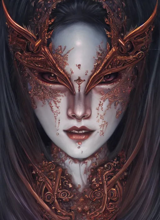 Image similar to a beautiful detailed oil on copper art illustration of a japanese okame mask devil woman, centered, by charlie bowater, zeng fanzh, trending on artstation, dim dusk lighting, cinematic lighting, detailed lighting, volumetric lighting, realistic, f 8, 4 k hd wallpaper