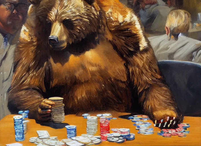 Image similar to a highly detailed beautiful portrait of a grizzly playing poker, by gregory manchess, james gurney, james jean