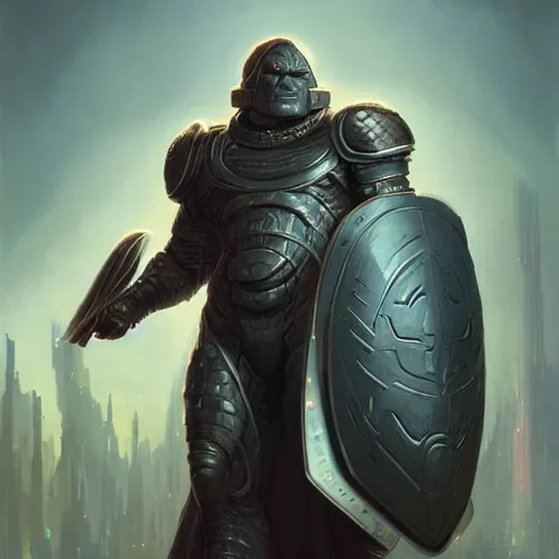 Prompt: darkseid character portrait, wearing fish - scale armor, holding a large platinum shield, by peter mohrbacher, mark brooks, jim burns, wadim kashin, greg rutkowski, larry elmore, esao andrews, trending on artstation