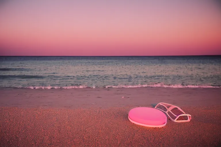 Image similar to a vintage family holiday photo fuji kodak of an empty beach shore with pastel pink sand reflective metallic water and sunbathing equipment at dusk.