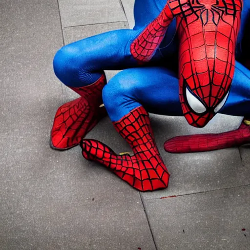 Image similar to fine art photography : spiderman caught homeless