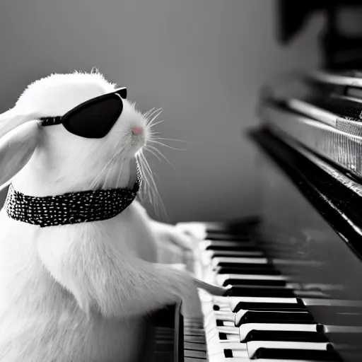 Prompt: a blind rabbit with sunglasses and vegetables plays the piano in the style of ray charles. award winning photography, 5 0 mm. vegetables in the background