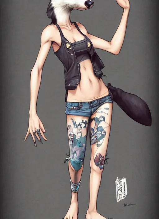 Image similar to character portrait of a female anthro opossum fursona with a furry body wearing a tanktop and shorts with arm tattoos. Character design by charlie bowater, ross tran, artgerm, and makoto shinkai, detailed, inked, western comic book art