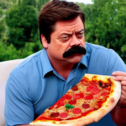 Prompt: Ron Swanson eating a vegetarian pizza