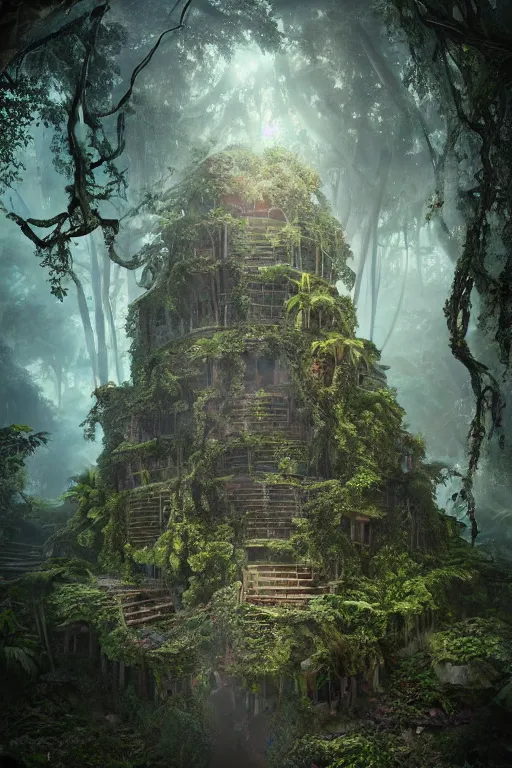 Prompt: a decaying old library, a rainforest tree growing inside the library, magical books, highly detailed, intricate detail, mystical lighting, dramatic scenery, beautiful 3 d rendering, octane render, trending on artstation