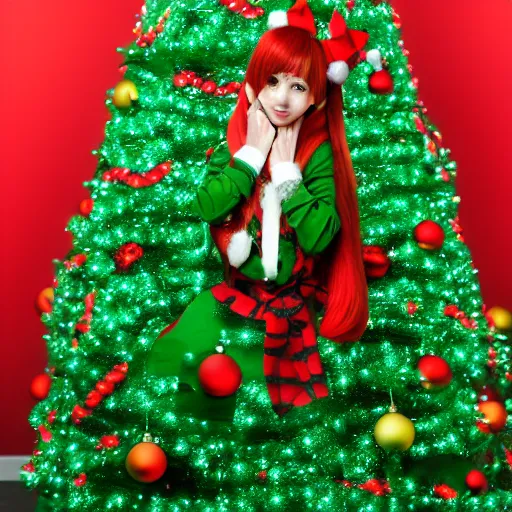 Prompt: christmas tree waifu, an anime girl dressed as a christmas tree