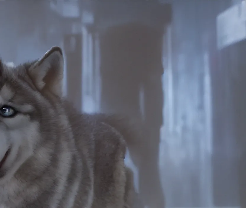 Image similar to blue colored anthro husky furry in Blade Runner: 2049, fursona, anthropomorphic, furry fandom, film still