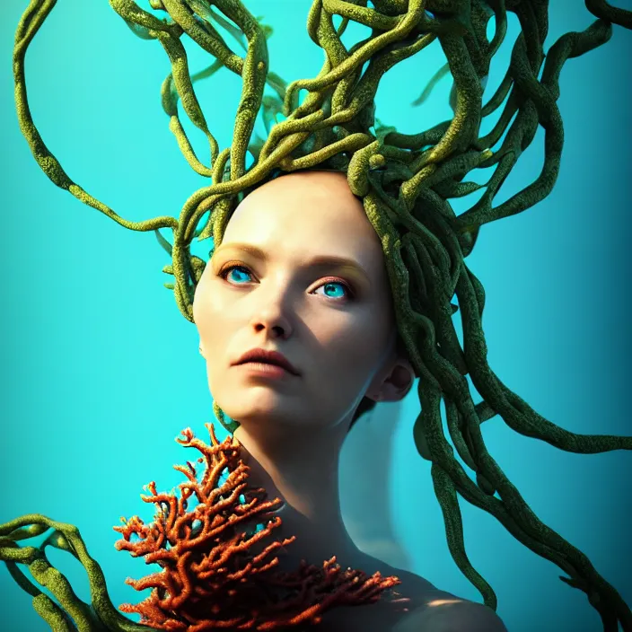 Image similar to female android dryad standing, entwined by seaweed and coral, deep ocean, surreal, light shining through, hyper - realistic, highly detailed, sharp focus, smooth, intricate, octane render