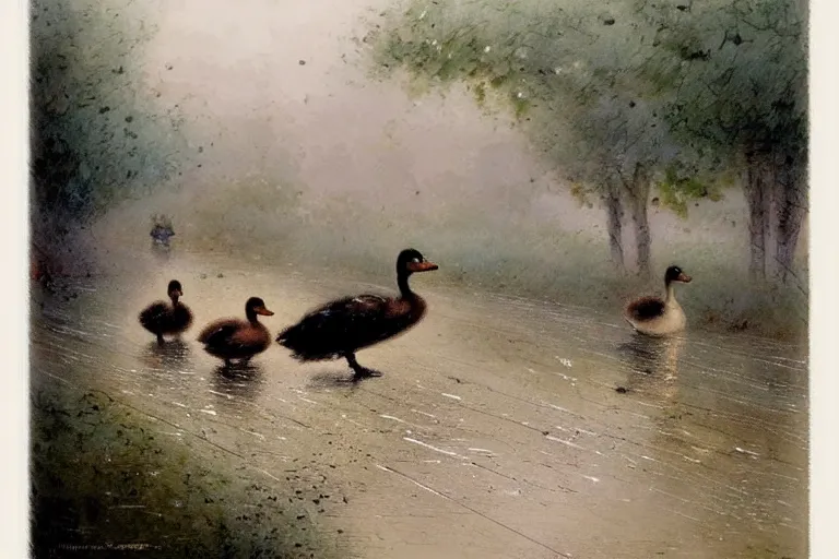 Image similar to ( ( ( ( ( ducks playing on wet road. muted colors. ) ) ) ) ) by jean - baptiste monge!!!!!!!!!!!!!!!!!!!!!!!!!!!