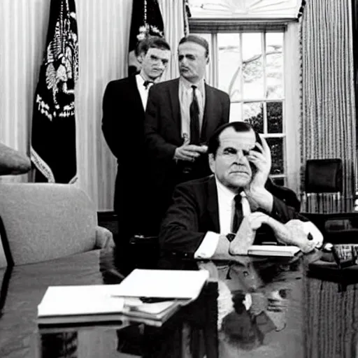 Prompt: Nixon drinking heavily in the oval office, historical photo