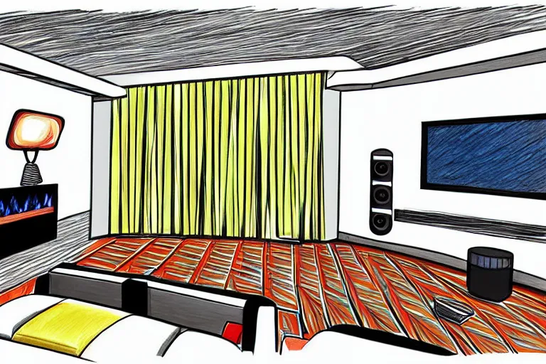 Image similar to a modern home movie theater, sleek, comfortable, stylish decor, designed by martyn lawrence bullard, color pencil sketch illustration