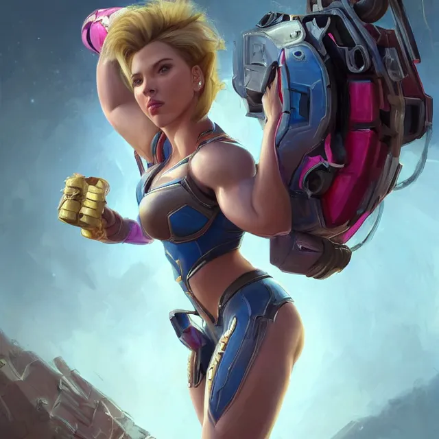 Image similar to detailed portrait of scarlett johansson as a female bodybuilder d. va from overwatch, attractive, beautiful, fantasy, intricate, elegant, highly detailed, digital painting, artstation, concept art, matte, sharp focus, illustration, art by aenaluck, artgerm and roberto ferri and greg rutkowski, epic fantasy, digital painting