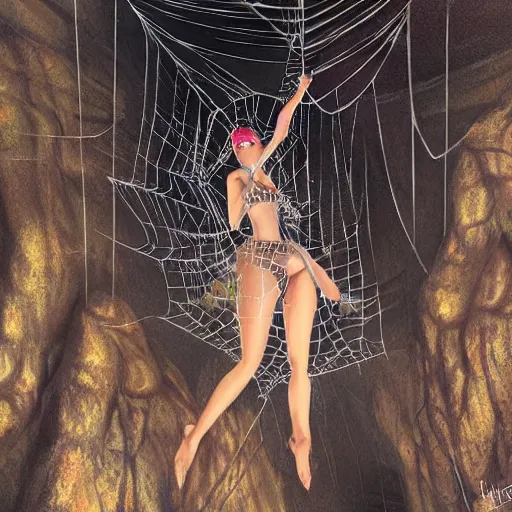 Prompt: a beautiful woman in a spider cage hanging from the ceiling of a giant cave hyperreal, surreal concept art, highly detailed