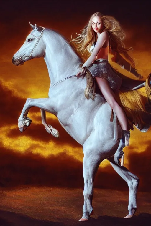 Prompt: Detailed picture of Amanda Seyfried riding a white horse, strong neon lighting, by glenn fabry, hyper realistic, HD, oil on canvas