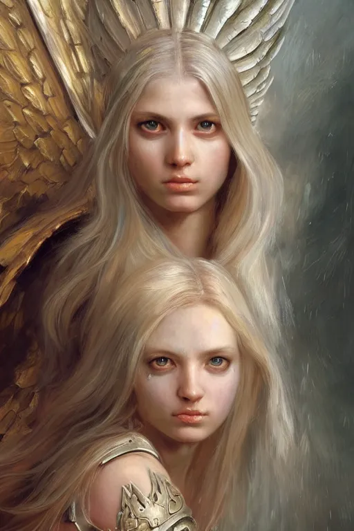 Prompt: a beautiful female angel warrior , half body portrait, blond hair, ornate armour, realistic oil painting by Thomas Cole and Wayne Barlowe and Boris Valejo