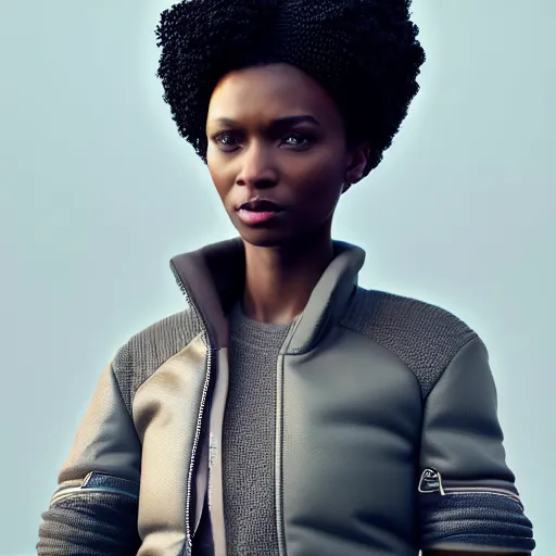 Image similar to black woman, hairstyle = short bob!!!, hair colour = light grey!!!, eyes = purple, wearing dark green bomber jacket, realistic 4 k octane beautifully detailed render, 4 k post - processing, highly detailed, intricate complexity, epic composition, magical atmosphere, cinematic lighting, masterpiece, ultra hd