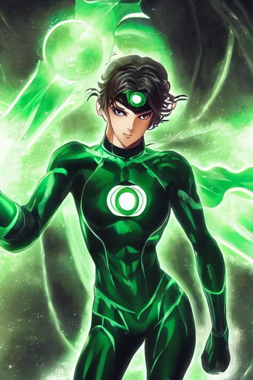 Image similar to anime key visual of a beautiful young female green lantern!! intricate, green and black suit, glowing, powers, dc comics, cinematic, stunning, highly detailed, digital painting, artstation, smooth, hard focus, illustration, art by artgerm and greg rutkowski and alphonse mucha