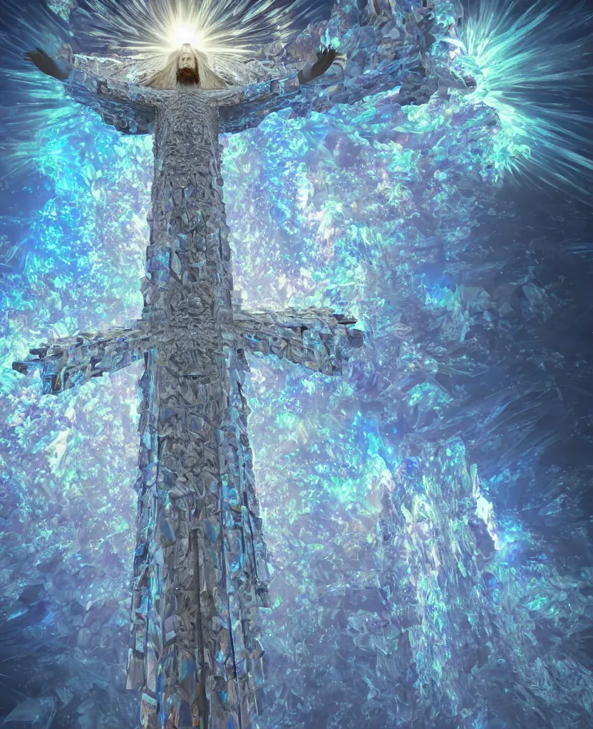 Image similar to a crystalline 3 d mandelbulb fractal in the shape of jesus christ on the cross, bioluminescent opal, fractal, magnificent lighting, ethereal, ray tracing, octane, holographic