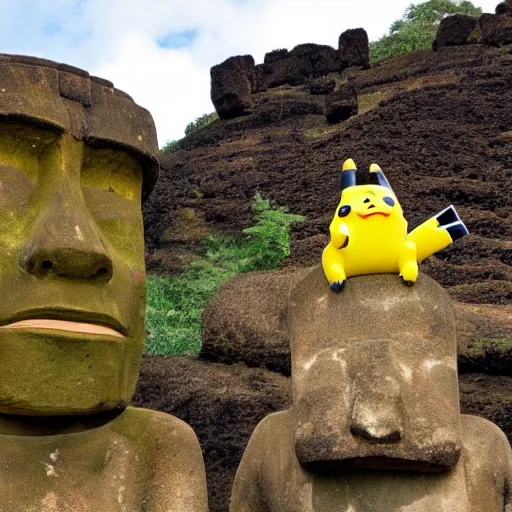 Image similar to photo of a moai statue of pikachu, 2 4 mm lens