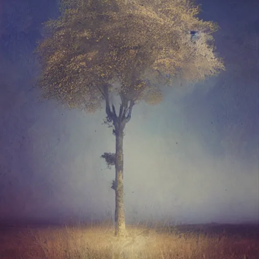 Image similar to lone tree on hill by cy Twombly and BASTIEN LECOUFFE DEHARME, iridescent, volumetric lighting