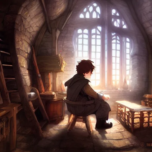 Prompt: bilbo baggins sitting down inside bag end highly detailed, digital painting, concept art, sharp focus, by makoto shinkai