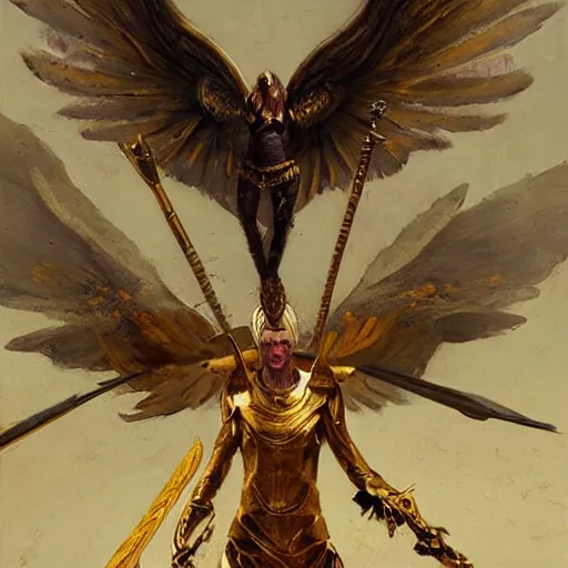Prompt: a flying marble and gold head with wings attached to its temples and a sword protruding from where its neck would be, oil painting, by Fernanda Suarez and and Edgar Maxence and greg rutkowski