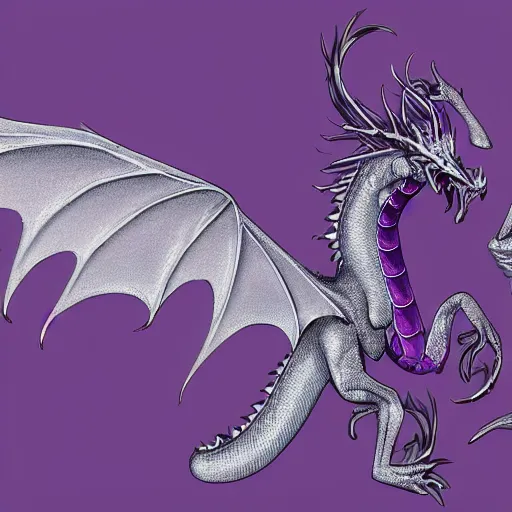 Prompt: a 128 foot tall elegant female silver western dragon with purple accents, having a 360 foot long wingspan; The scales smooth and streamlined, while having a sleek and sharp crest; two wings; close-up bust; deviantart, furaffinity
