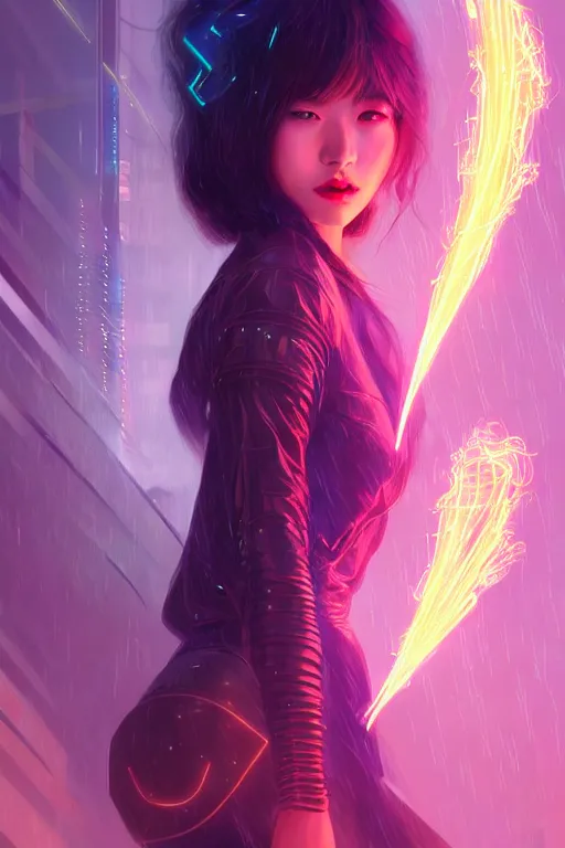 Image similar to portrait futuristic wizard Girl with thunder and fire sparkles and starlight, n future cyberpunk tokyo rooftop , ssci-fi, fantasy, intricate, very very beautiful, elegant, human anatomy, human structure, neon light, highly detailed, digital painting, artstation, concept art, smooth, sharp focus, illustration, art by tian zi and WLOP and alphonse mucha